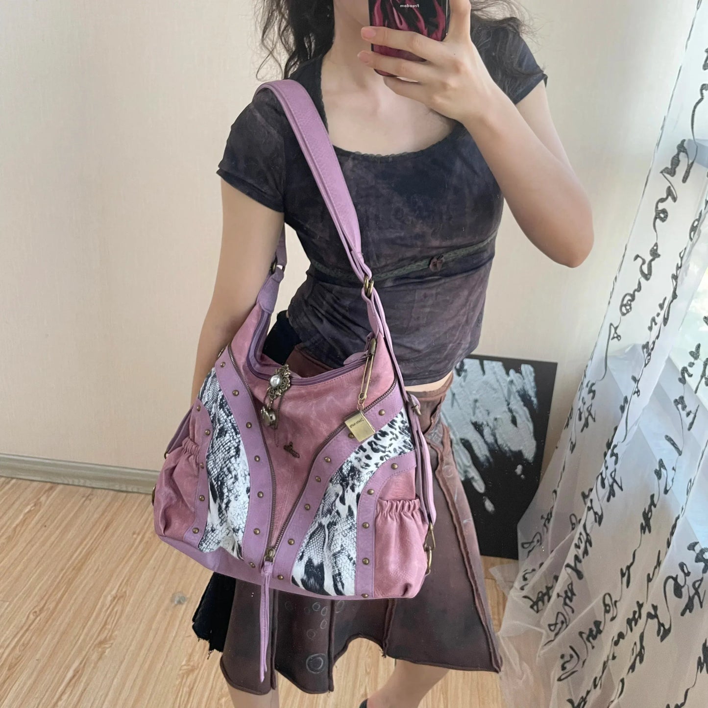 Original Design Retro Rivet Leopard Print Punk Backpack Commuter Large Capacity Tote Crossbody Bags for Women Hot Selling - SN Wigs & More