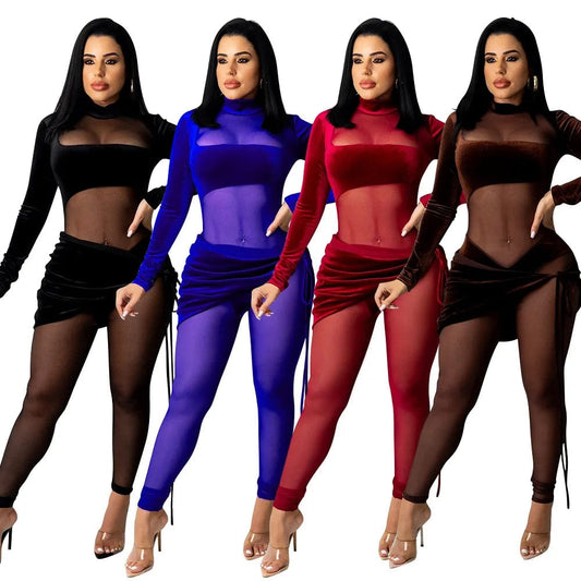 Os6269 2024 Fall Sexy Women Jumpsuit Long Sleeve Velvet Mesh See Through Patchwork One Piece Romper Plus Size Club Wear