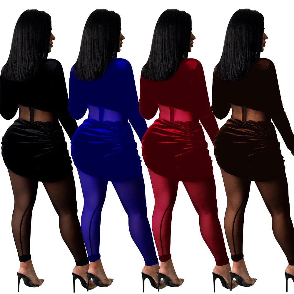 Os6269 2024 Fall Sexy Women Jumpsuit Long Sleeve Velvet Mesh See Through Patchwork One Piece Romper Plus Size Club Wear