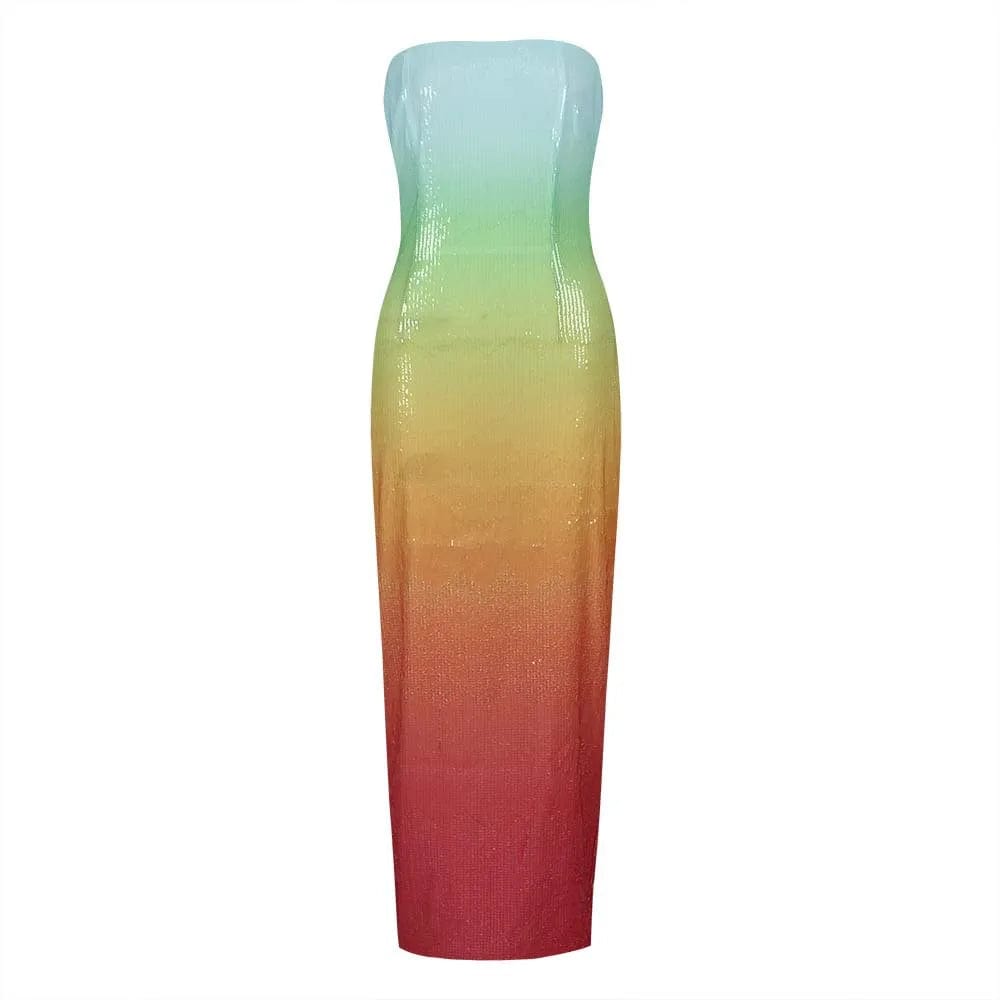 OUDINA 2024 Fashion Gradient Color Tube Top One Shoulder Dresses Sequined Party Dresses Women Evening Elegance Long Party Dress