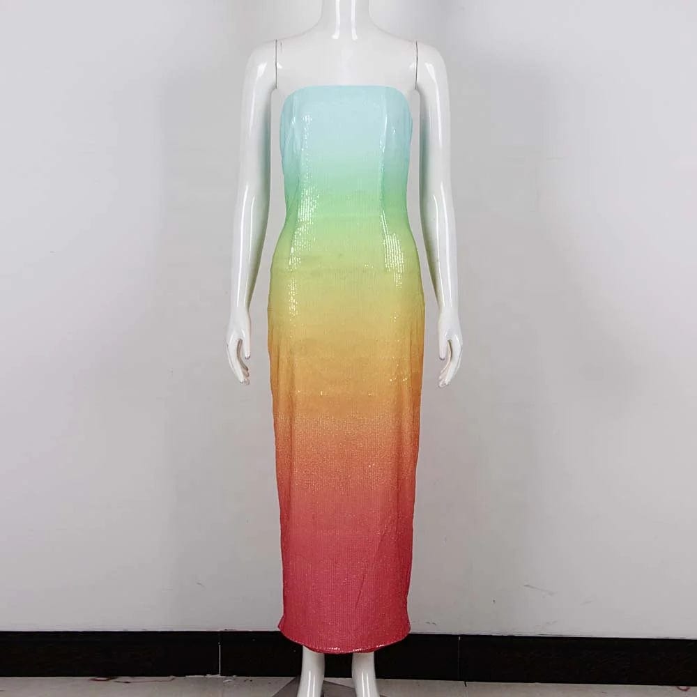 OUDINA 2024 Fashion Gradient Color Tube Top One Shoulder Dresses Sequined Party Dresses Women Evening Elegance Long Party Dress