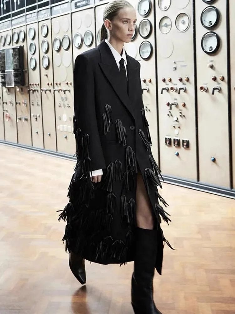 OUDINA 2024 Fashion Luxury Blazer Velvet Jackets Tassel Long Blazer Windbreaker Jacket Women