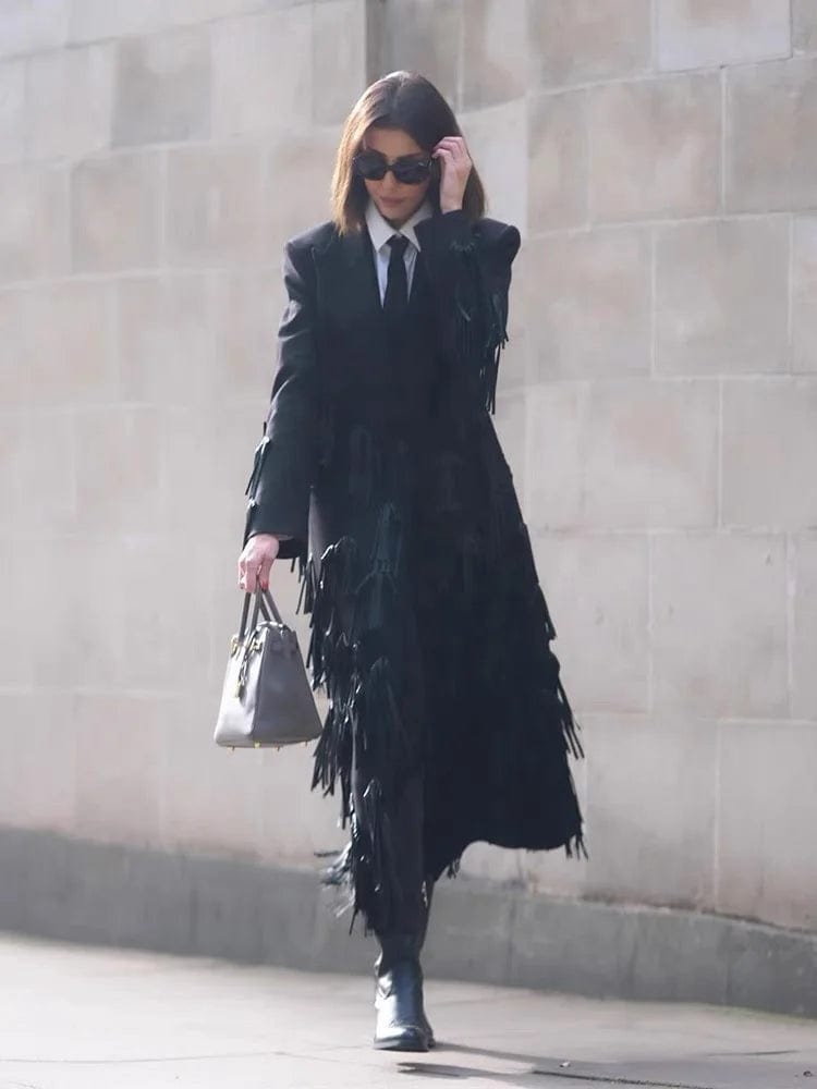 OUDINA 2024 Fashion Luxury Blazer Velvet Jackets Tassel Long Blazer Windbreaker Jacket Women