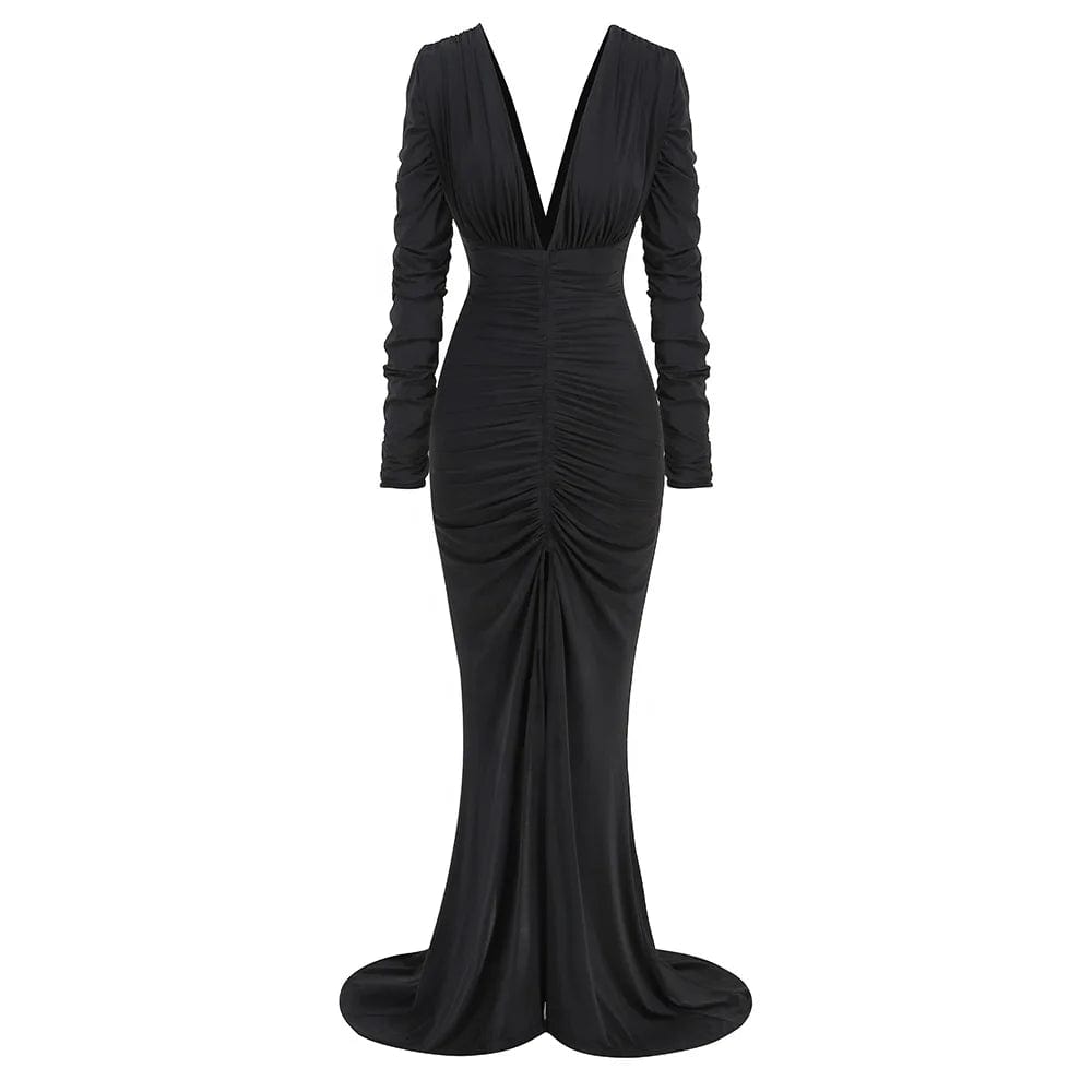 OUDINA 2024 Ladies Clothing Deep V Long Sleeve High Waist Backless Fishtail Formal Dress Evening Women Dresses Elegant