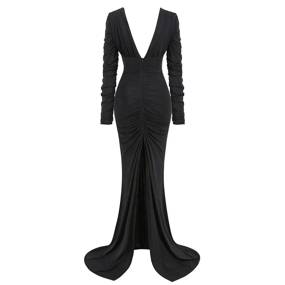 OUDINA 2024 Ladies Clothing Deep V Long Sleeve High Waist Backless Fishtail Formal Dress Evening Women Dresses Elegant