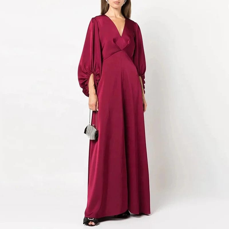OUDINA 2024 New Arrivals Elegant Waist Pleated V-neck Puff Sleeve Women's Clothing Dress Long Casual Dresses