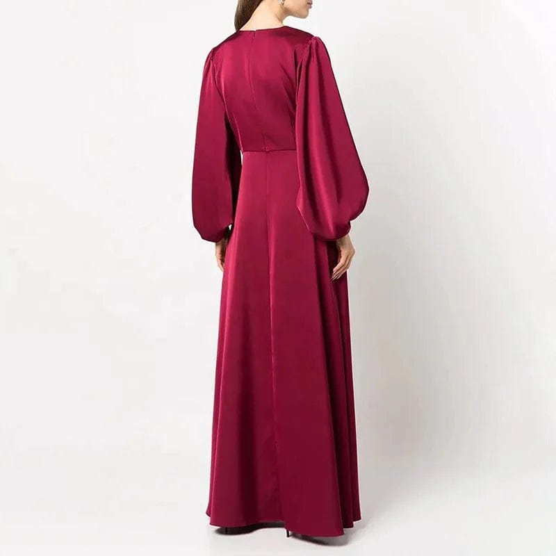 OUDINA 2024 New Arrivals Elegant Waist Pleated V-neck Puff Sleeve Women's Clothing Dress Long Casual Dresses