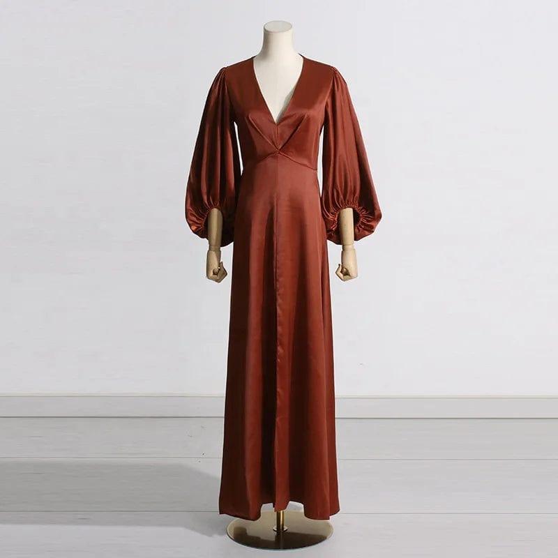 OUDINA 2024 New Arrivals Elegant Waist Pleated V-neck Puff Sleeve Women's Clothing Dress Long Casual Dresses
