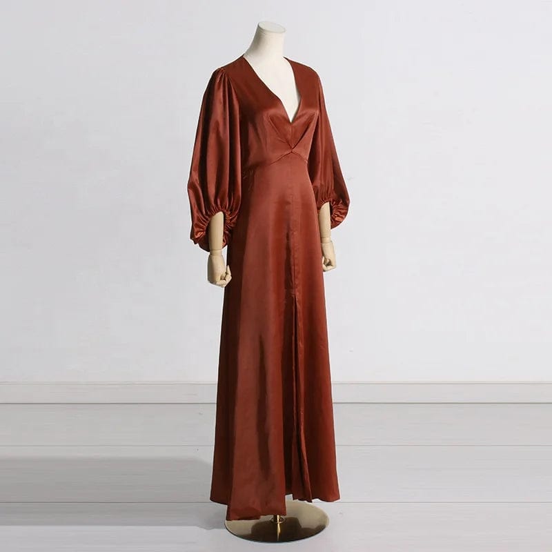 OUDINA 2024 New Arrivals Elegant Waist Pleated V-neck Puff Sleeve Women's Clothing Dress Long Casual Dresses