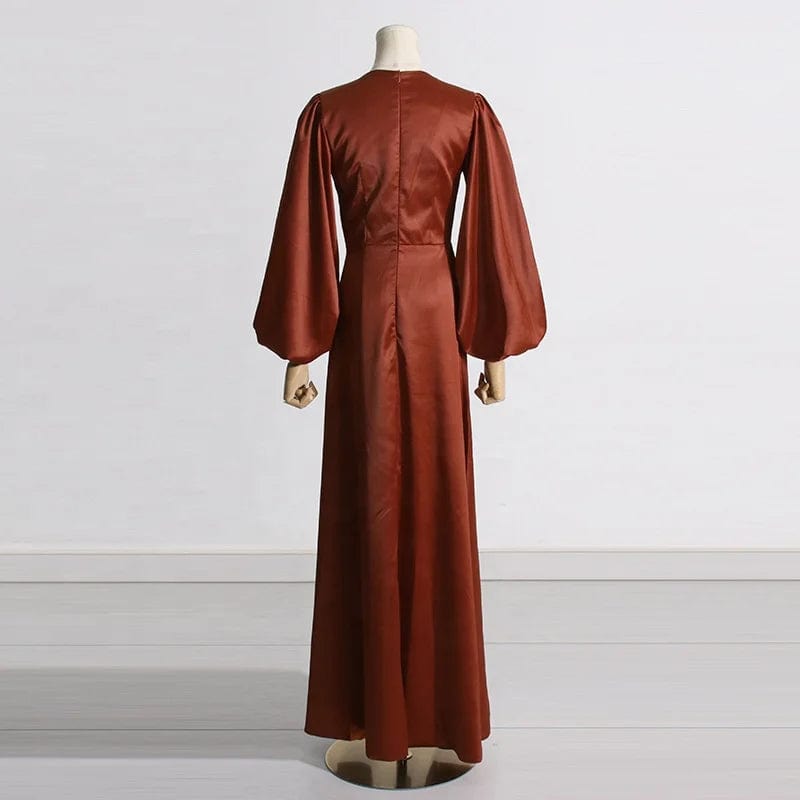 OUDINA 2024 New Arrivals Elegant Waist Pleated V-neck Puff Sleeve Women's Clothing Dress Long Casual Dresses