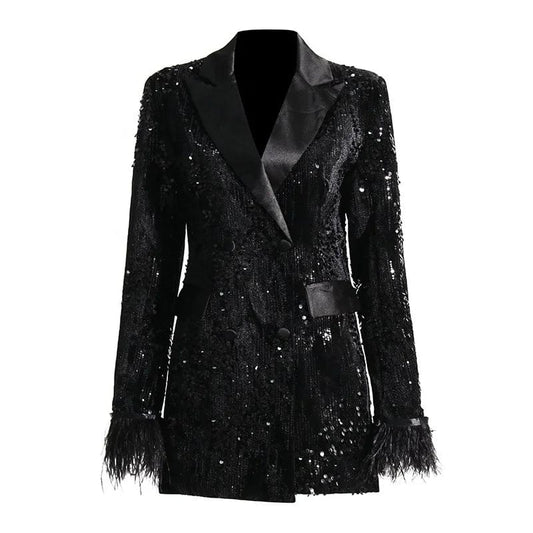 OUDINA 2024 New Fashion Light Luxury Sequin Blazer Women Style Slim Cuffs Fur Splicing Women's Suits Blazers