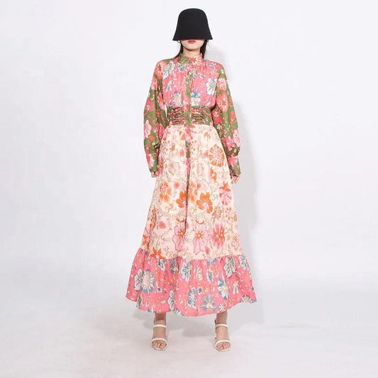 OUDINA 2024 New French Retro Printed Dress Lapel Single Breasted Waist Slimming Long Sleeve Maxi Long Dresses Women