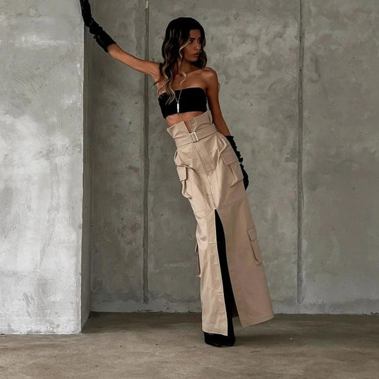 OUDINA  2024 New Hot Girl Cargo Denim Skirt Sexy Slit High Waist Belt Waist Versatile Unique Women's Long Skirt