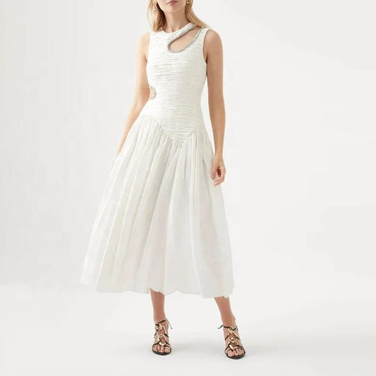 OUDINA 2024 New Spring French Round Neck Hollow Waist Long Pleated Dresses Elegant Women Casual Dress