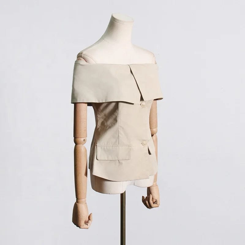 OUDINA 2024 New Style Fashionable Slim Fit Sleeveless One Shoulder Top Design Lapel Suit Waist Women Tops