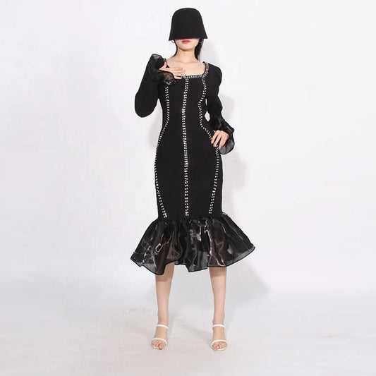 OUDINA 2024 New Style Fashionable Square Neck Diamond Design Fishtail Dress Fishtail Dress Ruffle Long Dresses Women