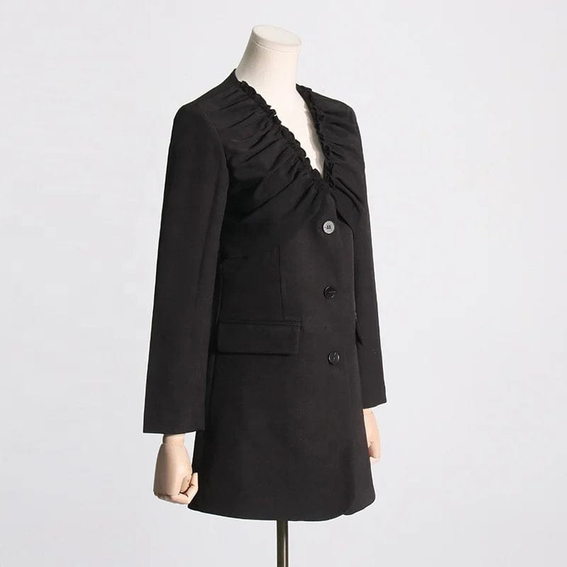 OUDINA 2024 New Style Pleated Blazers Ladies Women V-neck Waist Long Sleeve Temperament Casual Blazer De Mujer