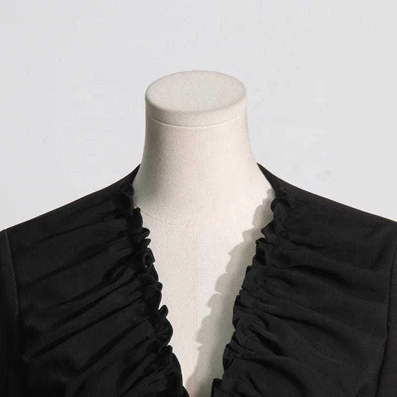 OUDINA 2024 New Style Pleated Blazers Ladies Women V-neck Waist Long Sleeve Temperament Casual Blazer De Mujer