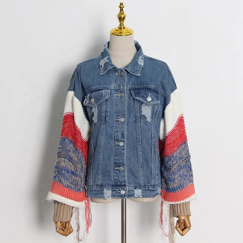 OUDINA 2024 New Style Street Trendy Contrasting Color Patchwork Knitted Sleeves Design Loose Denim Jacket Women