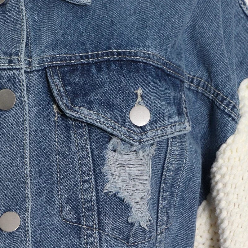 OUDINA 2024 New Style Street Trendy Contrasting Color Patchwork Knitted Sleeves Design Loose Denim Jacket Women