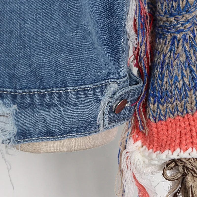 OUDINA 2024 New Style Street Trendy Contrasting Color Patchwork Knitted Sleeves Design Loose Denim Jacket Women