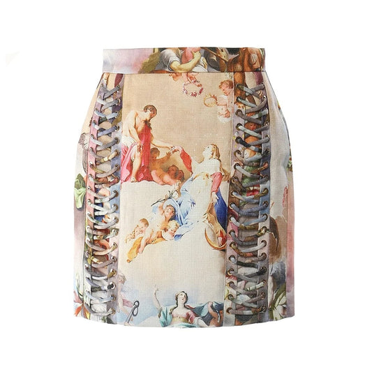 OUDINA 2024 New Style Stretch Vintage Printed Eyelet String Ladies Skirts Women Mini Skirt