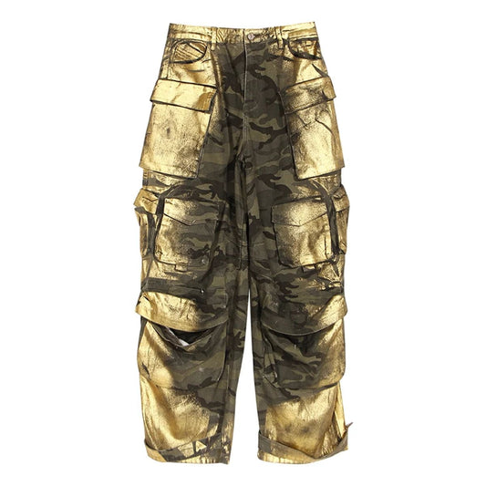 OUDINA 2024 New Trendy Hot Stamping Loose Straight Pants Vintage Multi-pocket Camouflage Boyfriend Women Cargo Jeans