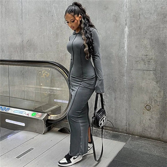 OUDINA 2024 Newly Arrivals Dresses For Women Long Sleeve Hoodie Club Casual Hooded Party Bodycon Dress