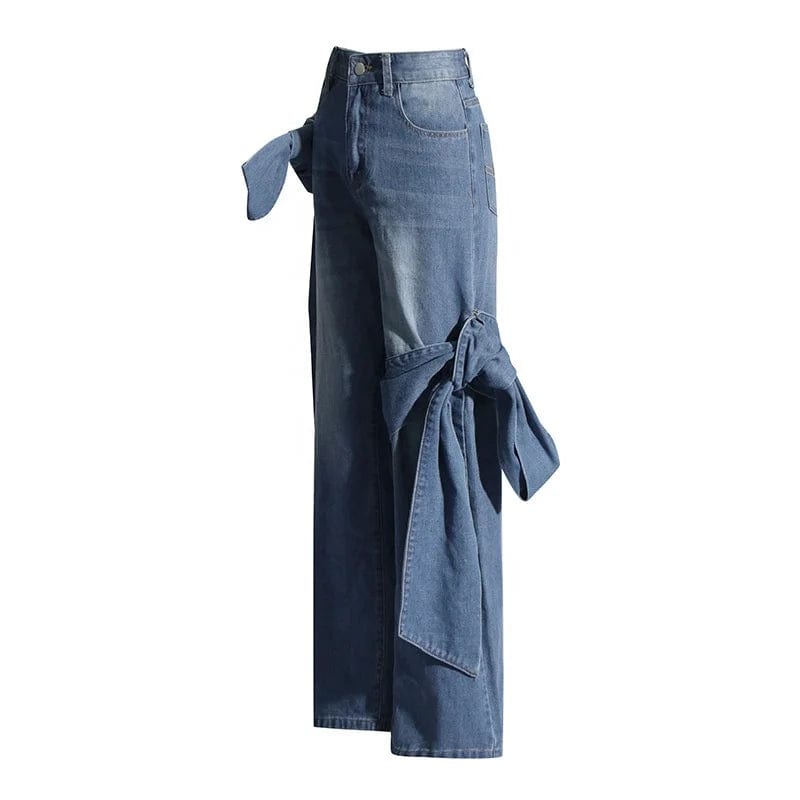 OUDINA 2024 Spring New Retro Washed Pants Distressed Stitching Bow Design High Waist Straight Jeans for Women