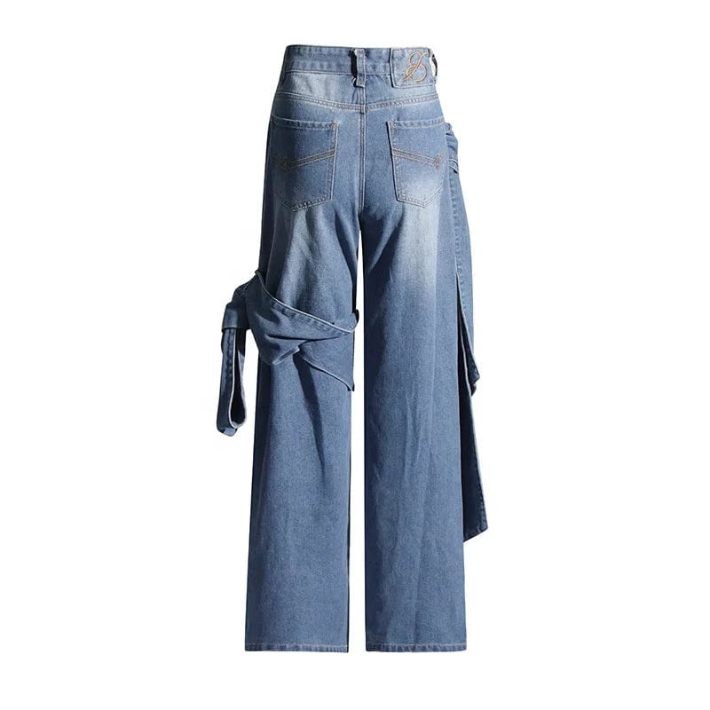 OUDINA 2024 Spring New Retro Washed Pants Distressed Stitching Bow Design High Waist Straight Jeans for Women