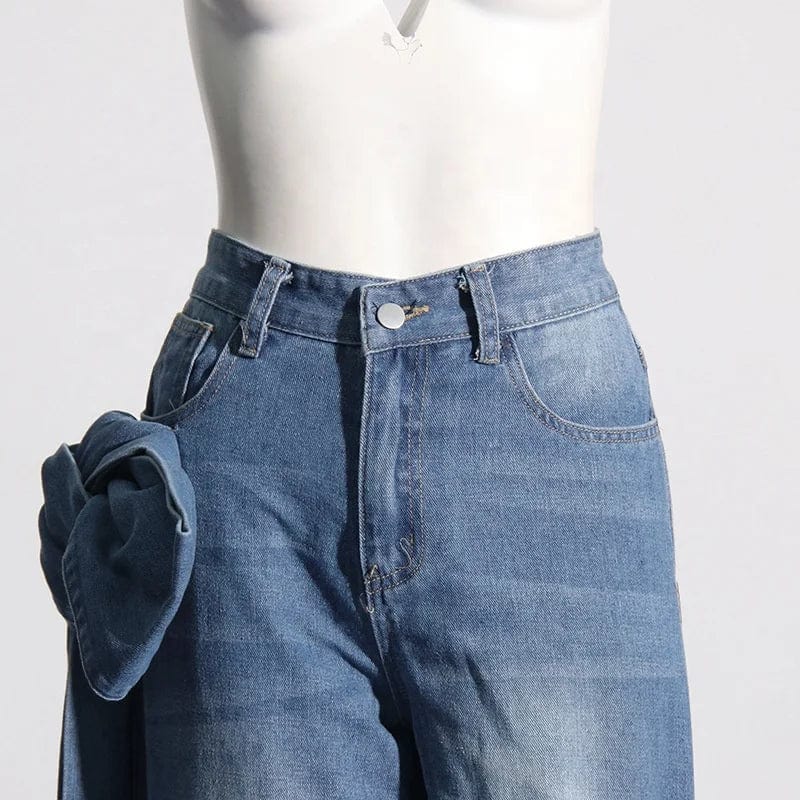 OUDINA 2024 Spring New Retro Washed Pants Distressed Stitching Bow Design High Waist Straight Jeans for Women