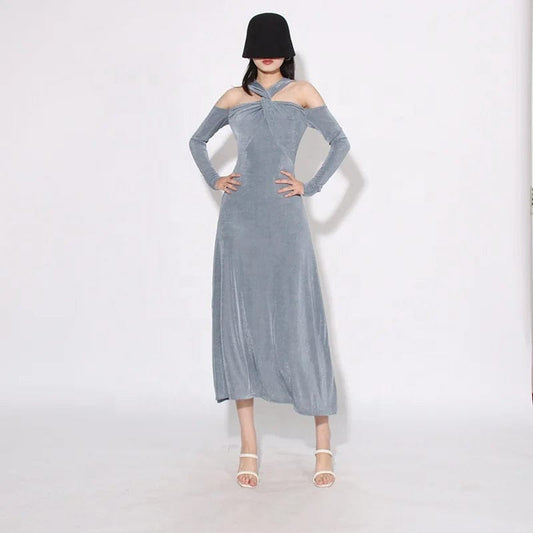OUDINA 2024 Spring New Style Long Sleeve Crossover Neckline Design Off Shoulder Dress Slim Long Women's Dresses