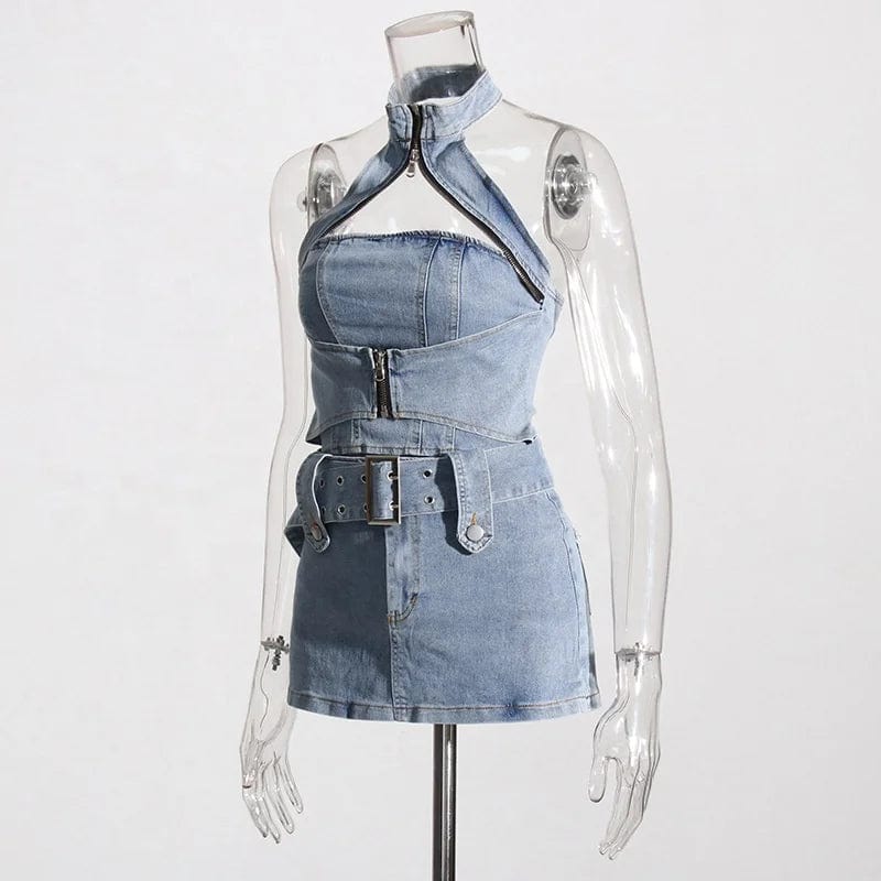 OUDINA 2024 Spring New Style Sexy Halterneck Off-shoulder Short Denim Vest Tight Mini Skirt Women Two Piece Set