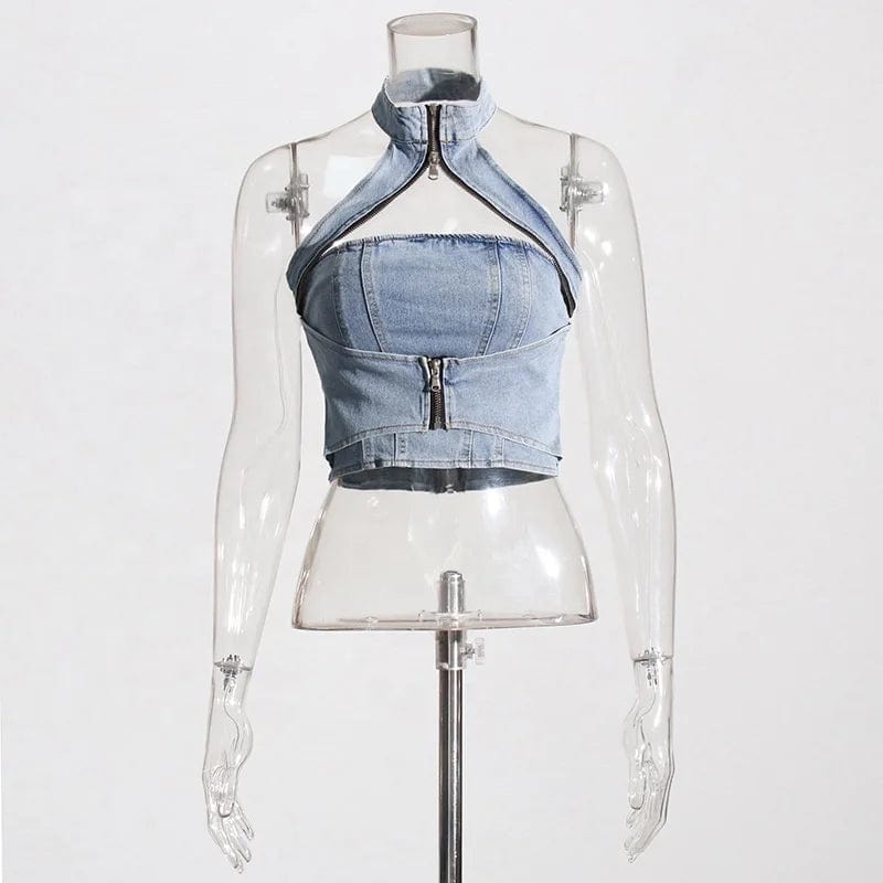 OUDINA 2024 Spring New Style Sexy Halterneck Off-shoulder Short Denim Vest Tight Mini Skirt Women Two Piece Set
