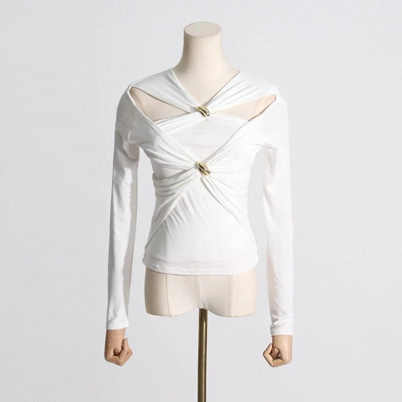 OUDINA 2024 Spring New Style Women's Tight Top Long Sleeve Hollow Twist Design Versatile Slim Female Tops And T-shirt