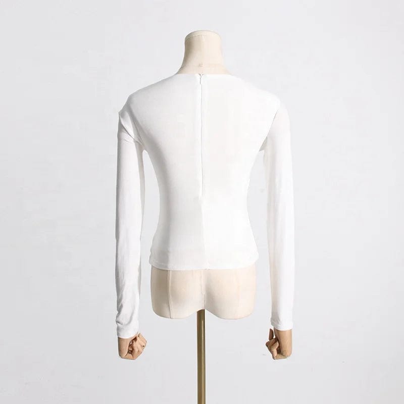 OUDINA 2024 Spring New Style Women's Tight Top Long Sleeve Hollow Twist Design Versatile Slim Female Tops And T-shirt