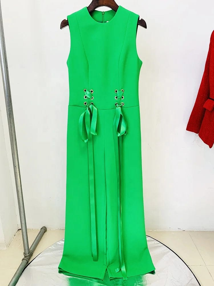 OUDINA 2024 Spring New Wide Leg Jumpsuit European Station Star Fashion Ribbon Lace-up Sleeveless Formal Ladies Jumpsuits