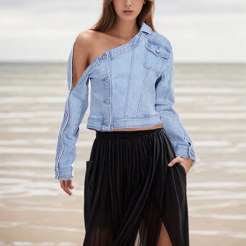 OUDINA 2024 Spring New Woman Vintage Denim Jacket Washed Distressed Off-Shoulder Design Women's Jackets