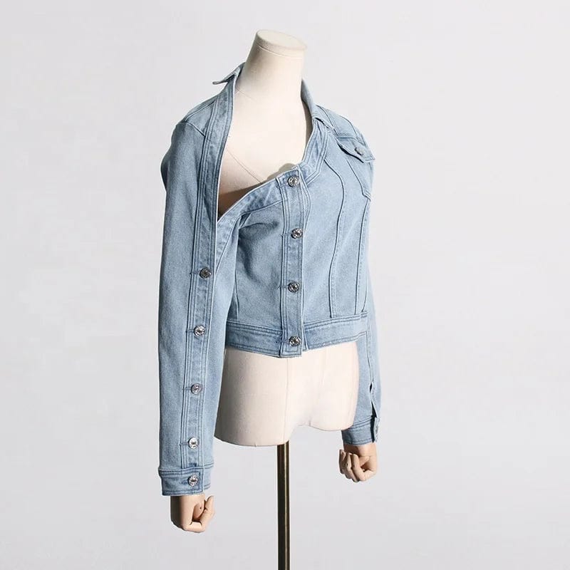 OUDINA 2024 Spring New Woman Vintage Denim Jacket Washed Distressed Off-Shoulder Design Women's Jackets