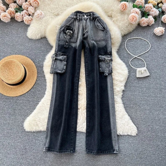 OUDINA 2024 Vintage Washed Women's Jeans Loose Casual Wide Leg Trousers Floor Cargo Pants Womanv