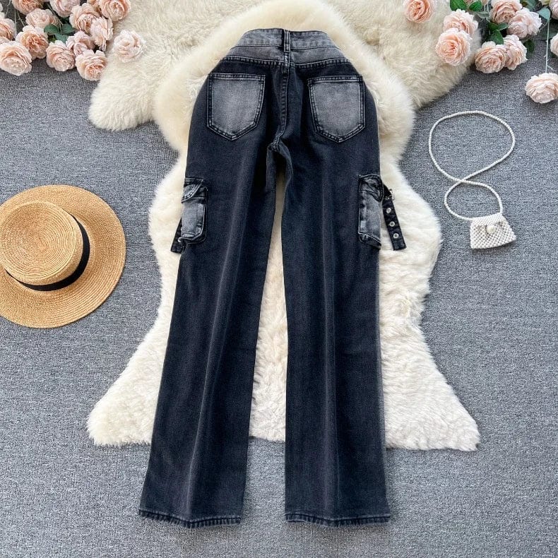 OUDINA 2024 Vintage Washed Women's Jeans Loose Casual Wide Leg Trousers Floor Cargo Pants Womanv