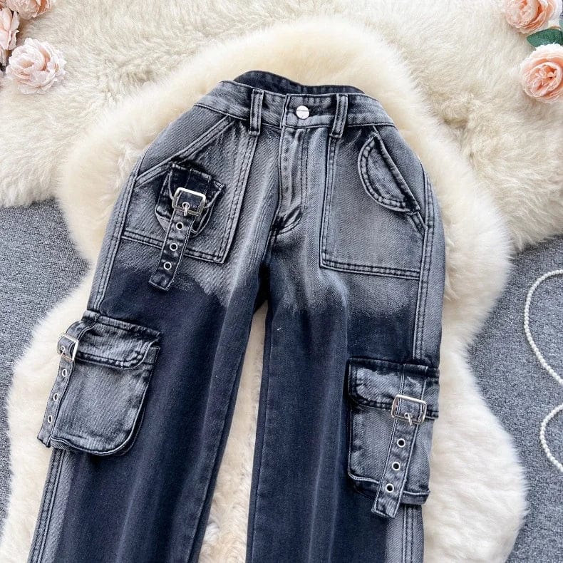 OUDINA 2024 Vintage Washed Women's Jeans Loose Casual Wide Leg Trousers Floor Cargo Pants Womanv