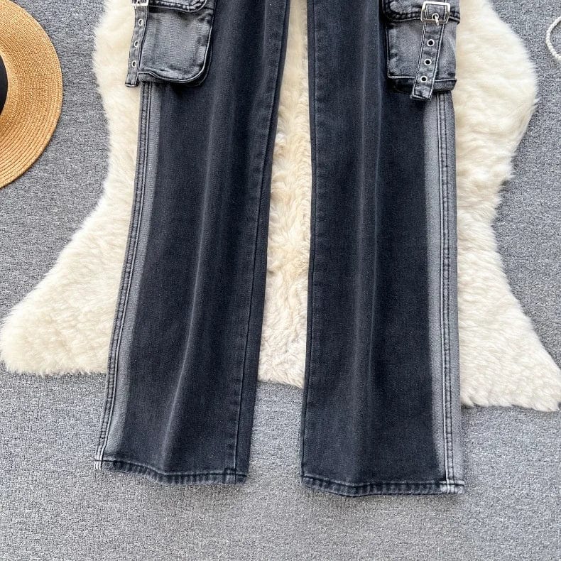 OUDINA 2024 Vintage Washed Women's Jeans Loose Casual Wide Leg Trousers Floor Cargo Pants Womanv