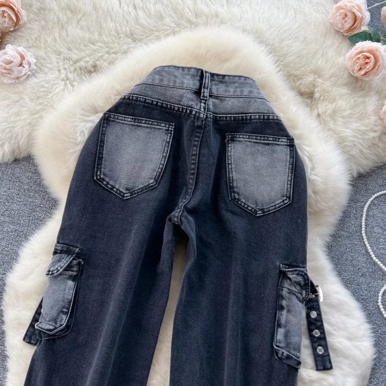 OUDINA 2024 Vintage Washed Women's Jeans Loose Casual Wide Leg Trousers Floor Cargo Pants Womanv