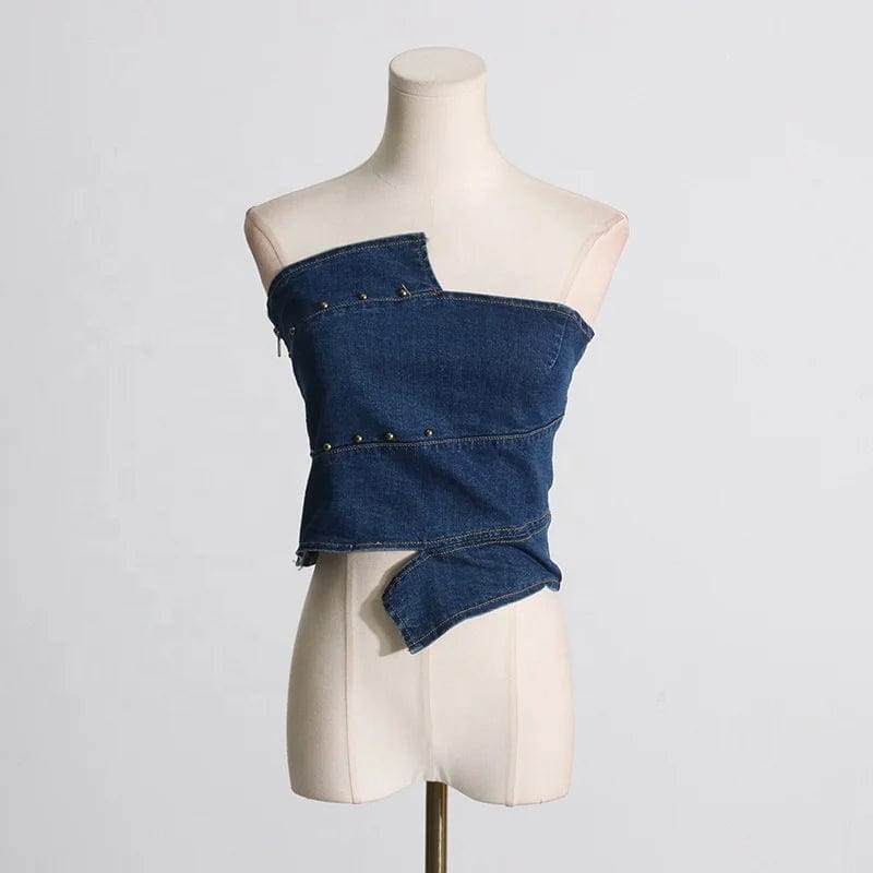 OUDINA 2024 Wholesale Sexy Hot Girl Retro Blue Denim Crop Women Tube Top New Slim Short Ladies Tank Top