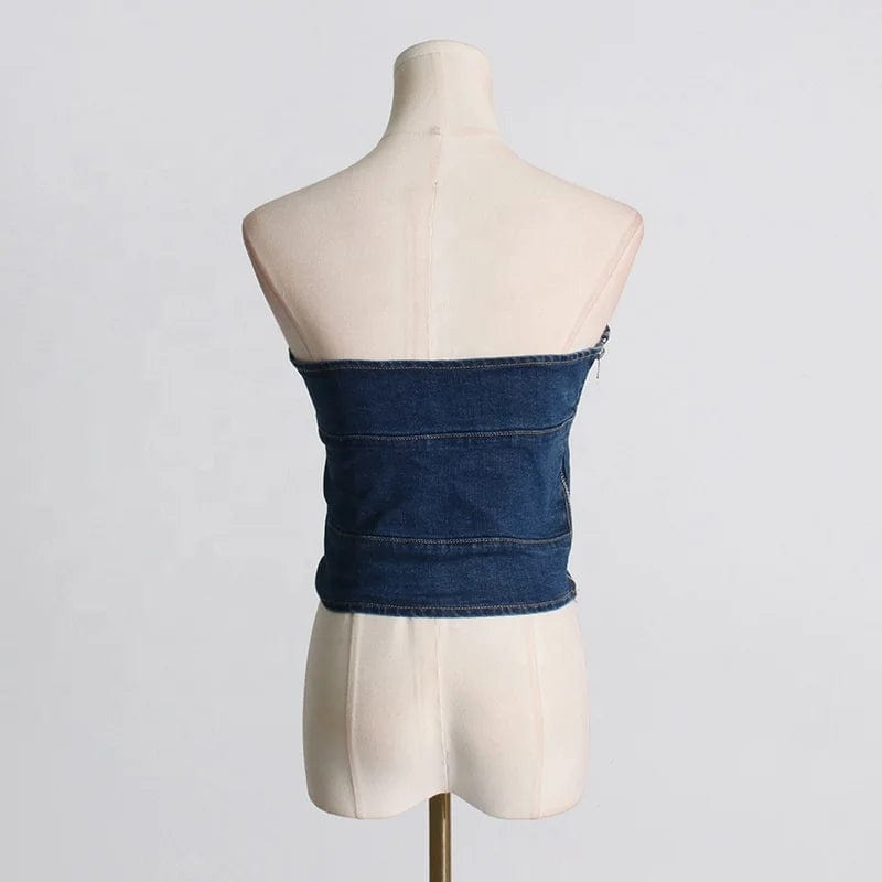 OUDINA 2024 Wholesale Sexy Hot Girl Retro Blue Denim Crop Women Tube Top New Slim Short Ladies Tank Top