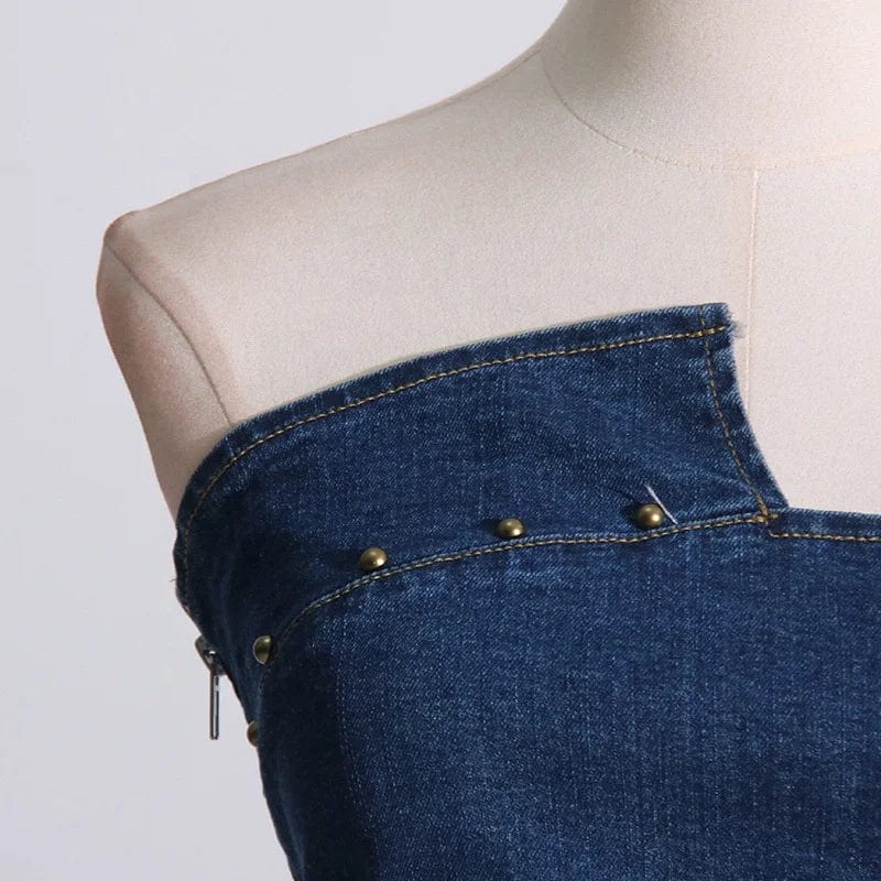 OUDINA 2024 Wholesale Sexy Hot Girl Retro Blue Denim Crop Women Tube Top New Slim Short Ladies Tank Top