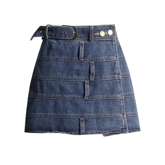 OUDINA American Style Denim Skirt 2024 Spring New Design Stitching Belt A-line Short Mini Skirts For Women