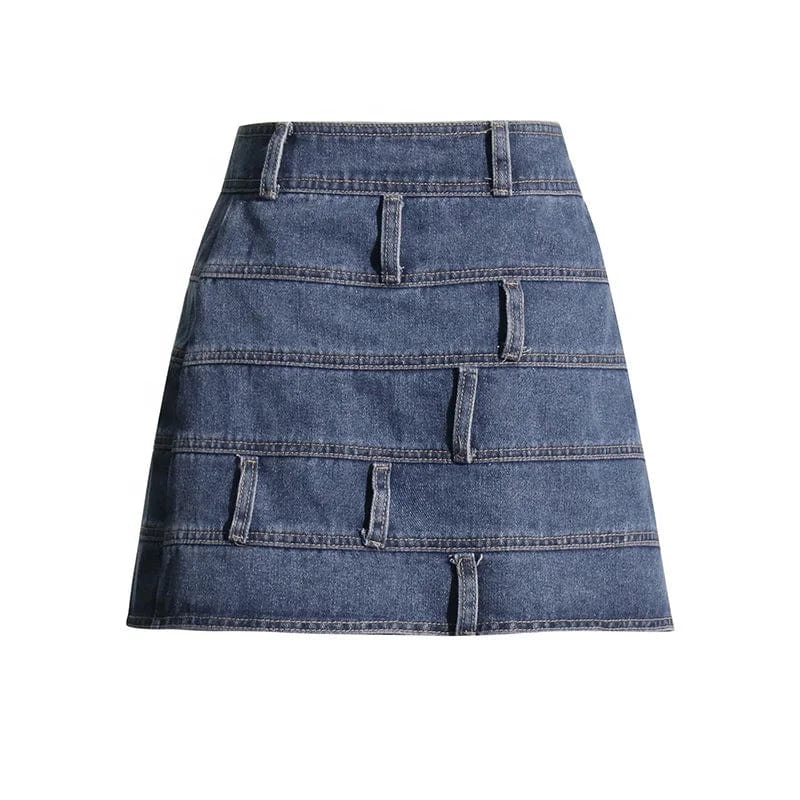OUDINA American Style Denim Skirt 2024 Spring New Design Stitching Belt A-line Short Mini Skirts For Women
