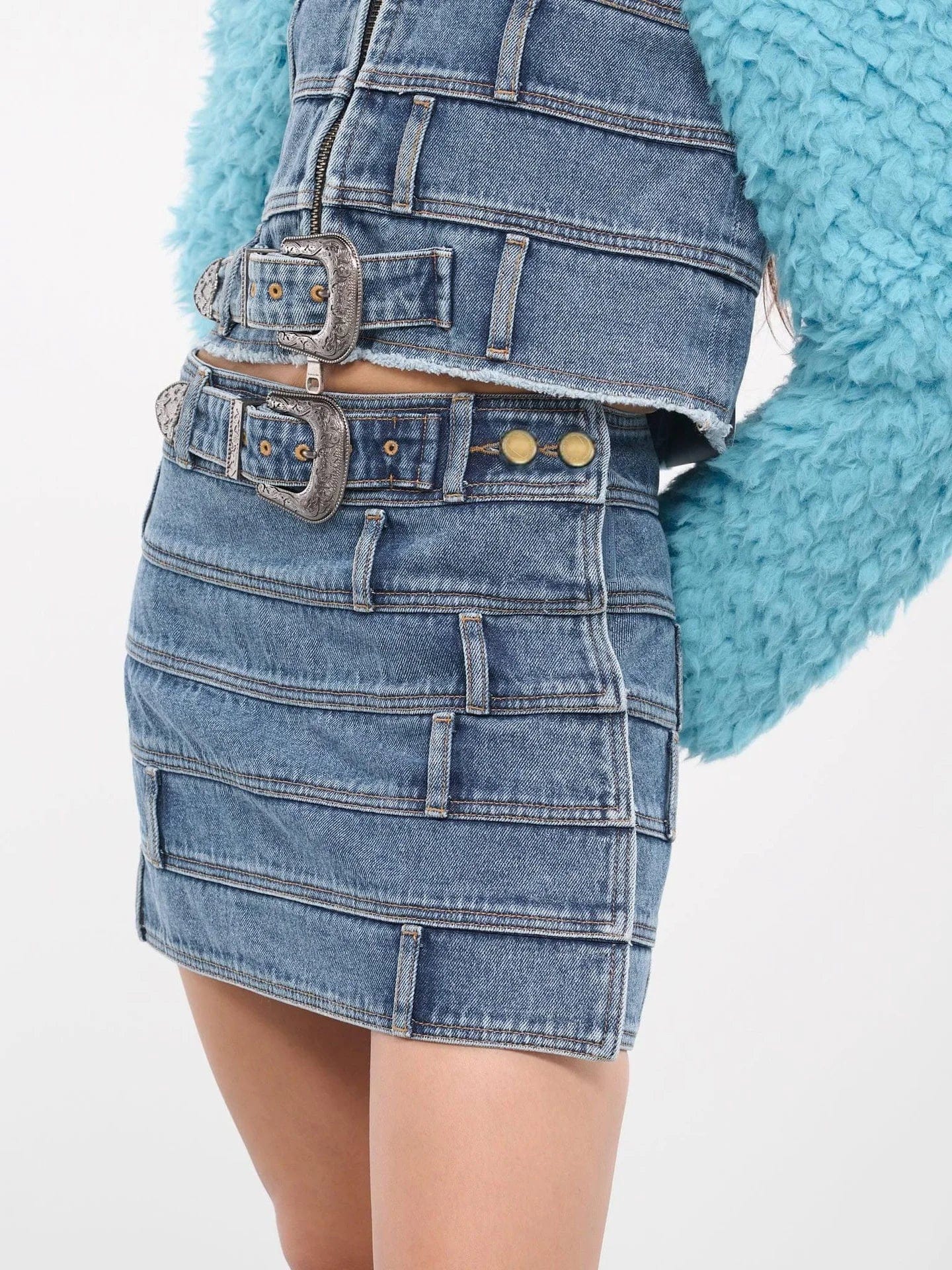 OUDINA American Style Denim Skirt 2024 Spring New Design Stitching Belt A-line Short Mini Skirts For Women
